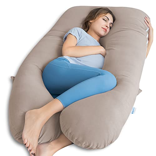QUEEN ROSE Cooling Pregnancy Pillows, Maternity Pillow for Sleeping, 55in U Shaped Body Pillow for Pregnant Support, with Removable Silky Cover, Beige - Image 1