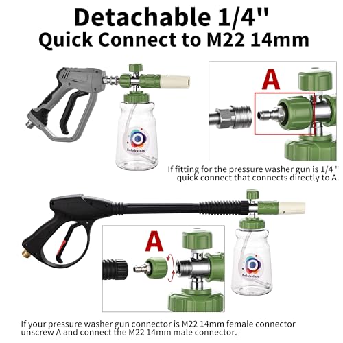 balabulala Dual Connector Accessory with Pressure Washer Foam Cannon, Balabulala Pressure Washer Double Tip Attachment for Foam Blaster with with 5 Power Washer Sprayer Nozzles, 1/4" Quick Connect, 3600 PSI - Image 3