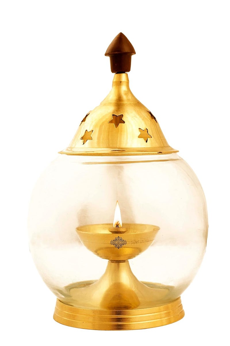INDIAN ART VILLA Indian Art Villa Brass Akhand Diya with Molded Glass Oil Puja Lamp Home Temple Decor Diwali Gift Item 165 cm 