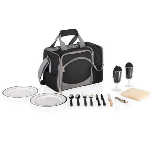 PICNIC TIME PICNIC TIME Malibu Cooler Picnic Basket Insulated Cooler Tote with Picnic Set Black with Gray Accents