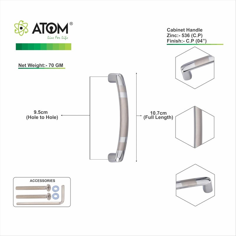 ATOM 4.1 inch Zinc Cabinet Pull Handle | Cppt Finish | Wardrobe Handle for Office & Kitchen Drawer | Push Bar 536 | Pack of 2 - Image 5