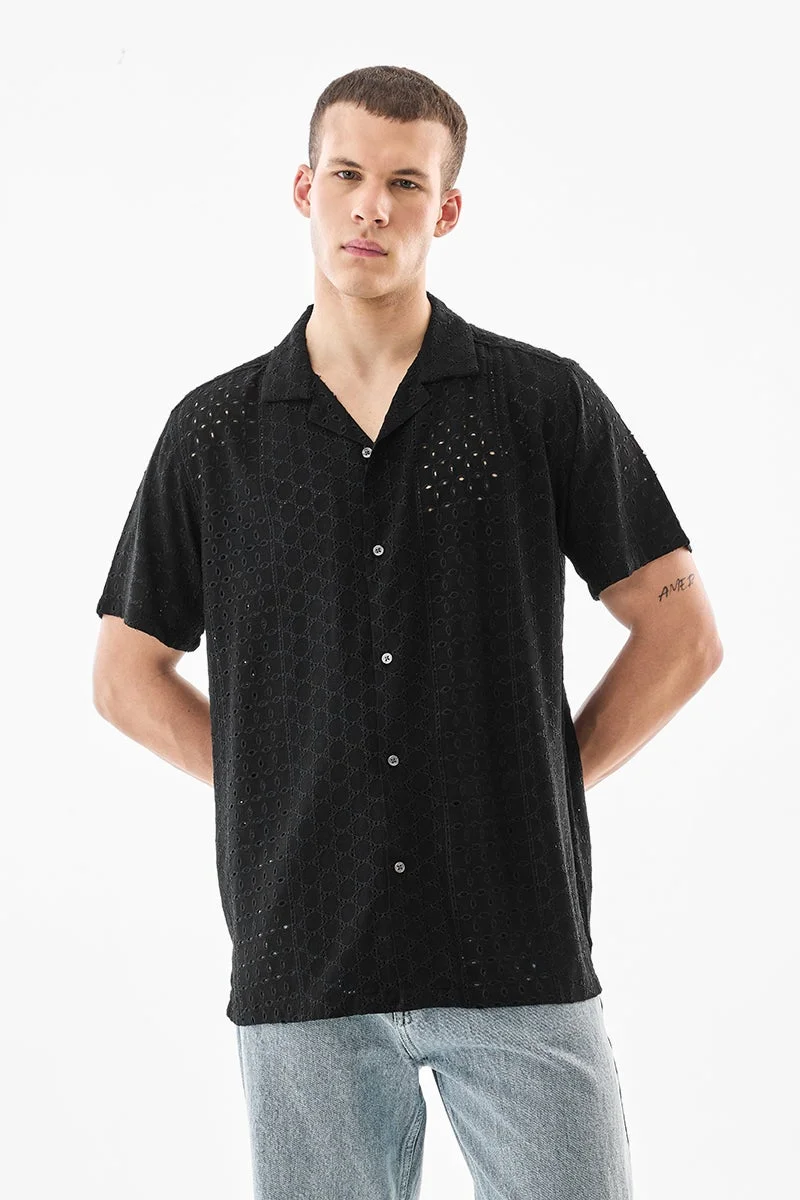 SNITCH Black Textured Half Sleeve Boxy Shirt