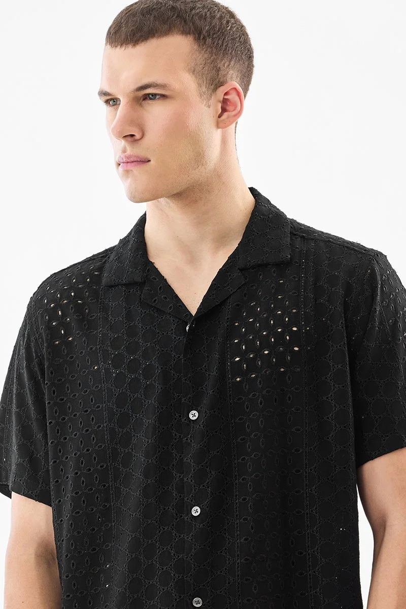 SNITCH Black Textured Half Sleeve Boxy Shirt