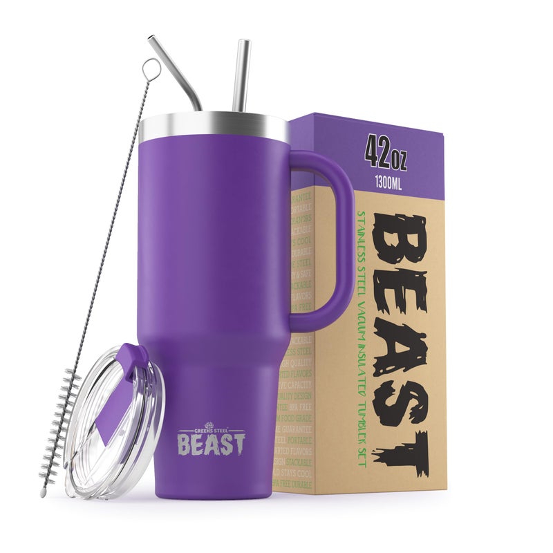 Greens Steel Beast 42 oz Tumbler Stainless Steel Vacuum Insulated Coffee Ice Cup Double Wall Travel Flask (Deep Purple)  - Image 1