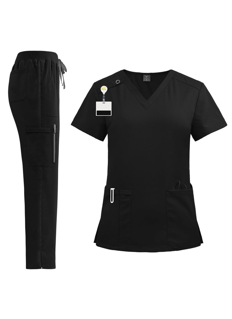 Loquat Unisex Medical Uniform Scrubs 2 Piece Set V-Neck Top and Elastic Waist Pants Suit Black  - Image 1