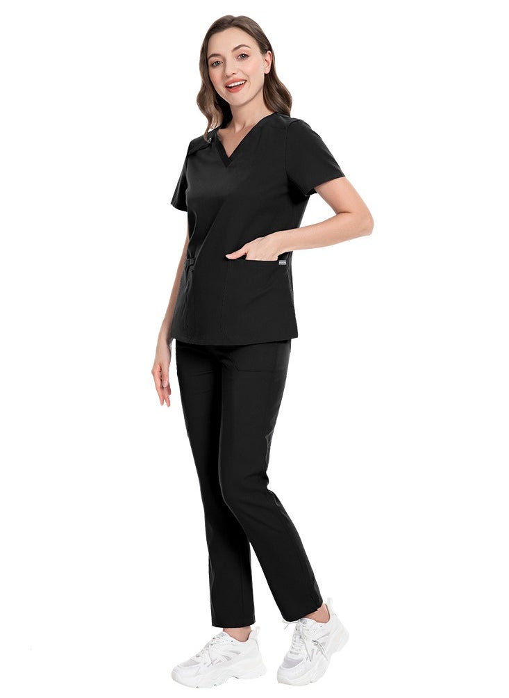 Loquat Unisex Medical Uniform Scrubs 2 Piece Set V-Neck Top and Elastic Waist Pants Suit Black  - Image 2