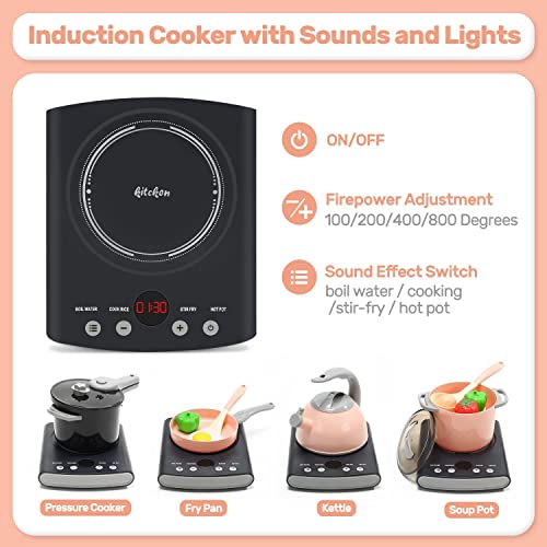 CUTE STONE Play Kitchen Accessories Set, Kids Cooking Toys Set with Play Pots and Pans, Electronic Induction Cooktop with Sound and Light, Cookware Utensils Kids Kitchen Set Kitchen Toys for Kids - Image 3