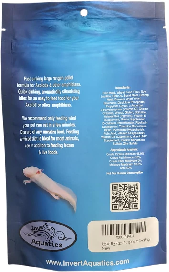 **Axolotl Big Bites** – علف على شكل حبيبات ناعمة سريعة الغرق، مناسب للأكولوتل والضفادع والسمندريات وغيرها من البرمائيات (3 أونصات/85 جرام). - Image 2