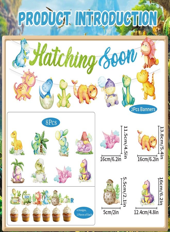 Refavor Dinosaur Baby Shower Decorations - 22PCS Hatching Soon Baby Shower Decorations Hatching Soon Banners Hanging Swirls Cupcake Toppers Dino Themed Gender Reveal Supplies Dinosaur Party Decor - Image 2