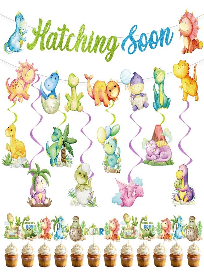 Refavor Dinosaur Baby Shower Decorations - 22PCS Hatching Soon Baby Shower Decorations Hatching Soon Banners Hanging Swirls Cupcake Toppers Dino Themed Gender Reveal Supplies Dinosaur Party Decor - Image 1