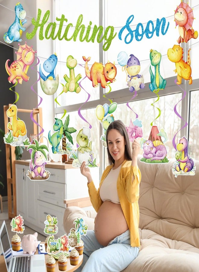 Refavor Dinosaur Baby Shower Decorations - 22PCS Hatching Soon Baby Shower Decorations Hatching Soon Banners Hanging Swirls Cupcake Toppers Dino Themed Gender Reveal Supplies Dinosaur Party Decor - Image 4
