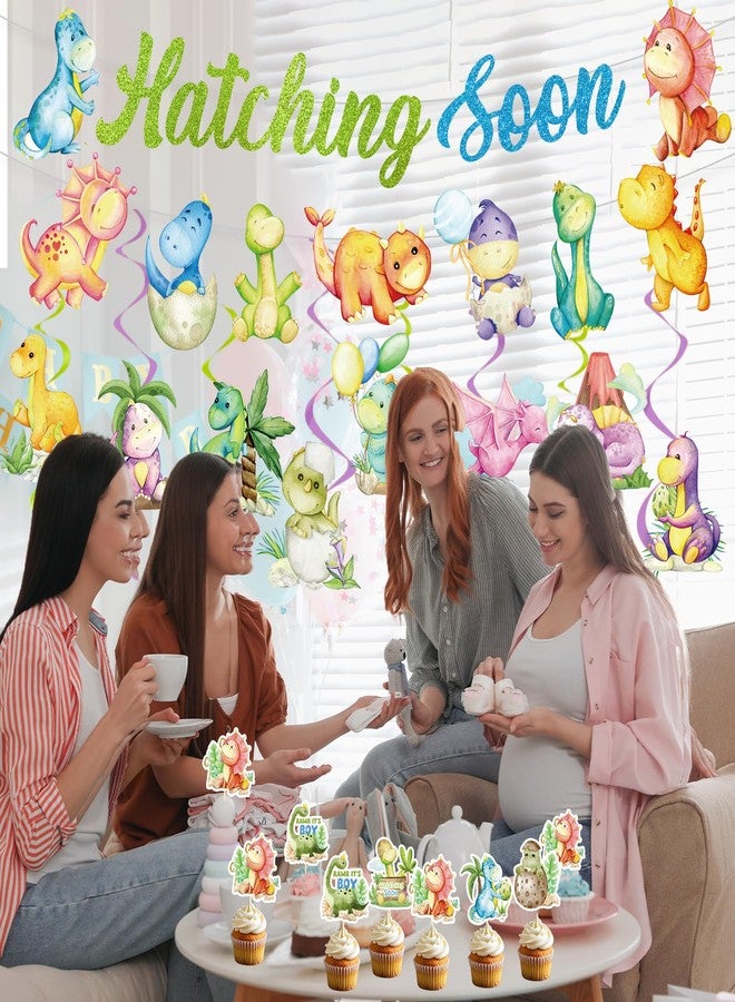 Refavor Dinosaur Baby Shower Decorations - 22PCS Hatching Soon Baby Shower Decorations Hatching Soon Banners Hanging Swirls Cupcake Toppers Dino Themed Gender Reveal Supplies Dinosaur Party Decor - Image 5