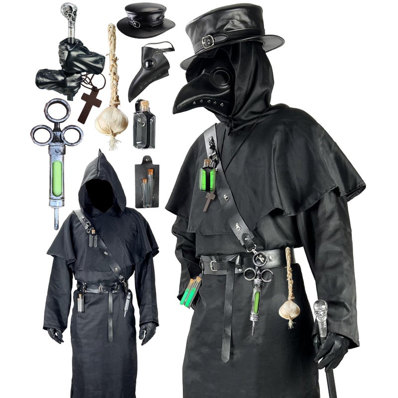 Absolute Vibe Plague Doctor Costume Set Halloween Props Renaissance Medieval Monk Priest Cosplay Outfit Mask Hat Robe Cane Black S - Image 2