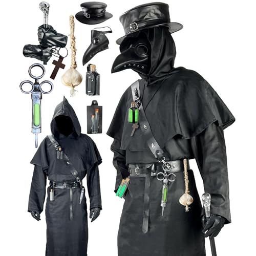 Absolute Vibe Plague Doctor Costume Set Halloween Props Renaissance Medieval Monk Priest Cosplay Outfit Mask Hat Robe Cane Black S - Image 1