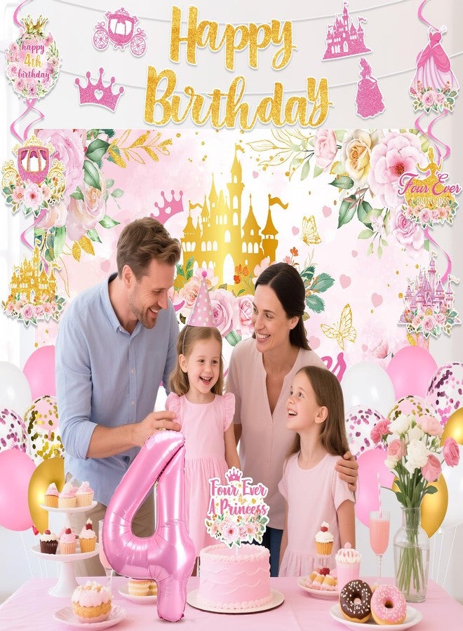 LUUFILx Four Ever a Princess Birthday Decorations Pink Sweet 4th Birthday Party Supplies Include 4 Ever a Princess Backdrop Banner Hanging Swirls Balloons Cake Topper for 4 Years Old Girl Bday Party Decor - Image 4