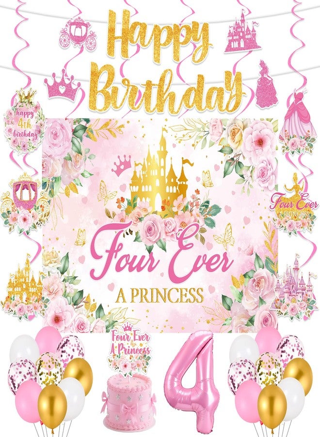 LUUFILx Four Ever a Princess Birthday Decorations Pink Sweet 4th Birthday Party Supplies Include 4 Ever a Princess Backdrop Banner Hanging Swirls Balloons Cake Topper for 4 Years Old Girl Bday Party Decor - Image 1
