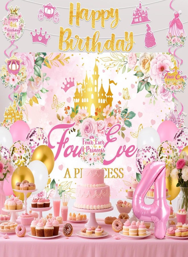 LUUFILx Four Ever a Princess Birthday Decorations Pink Sweet 4th Birthday Party Supplies Include 4 Ever a Princess Backdrop Banner Hanging Swirls Balloons Cake Topper for 4 Years Old Girl Bday Party Decor - Image 2