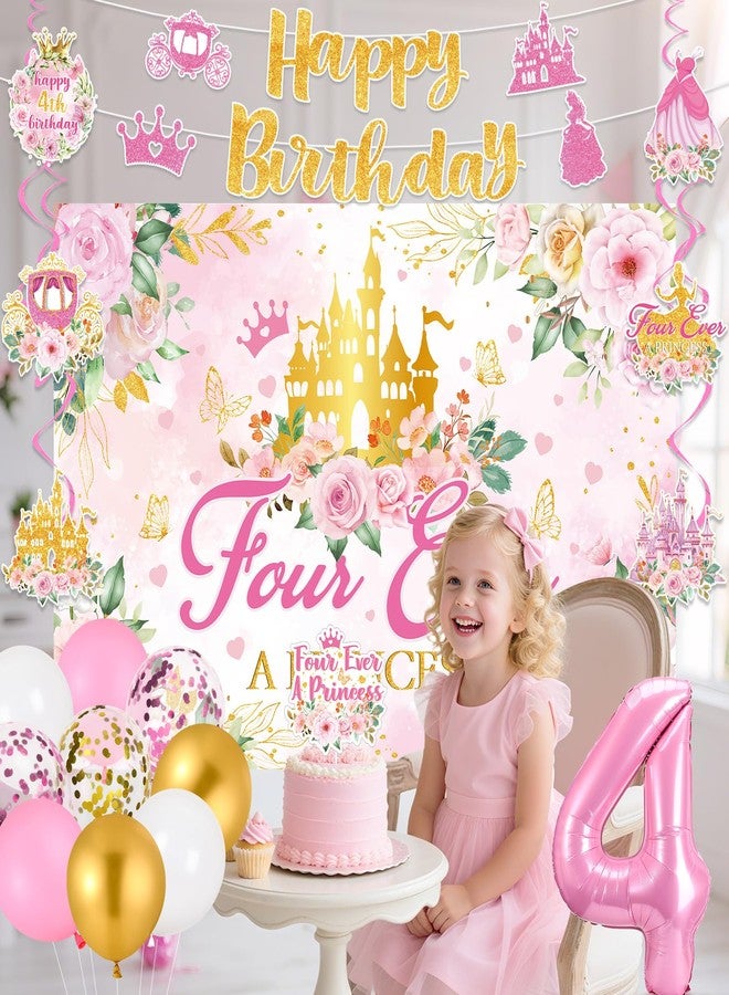 LUUFILx Four Ever a Princess Birthday Decorations Pink Sweet 4th Birthday Party Supplies Include 4 Ever a Princess Backdrop Banner Hanging Swirls Balloons Cake Topper for 4 Years Old Girl Bday Party Decor - Image 3