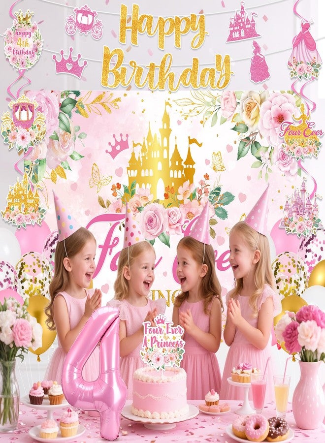 LUUFILx Four Ever a Princess Birthday Decorations Pink Sweet 4th Birthday Party Supplies Include 4 Ever a Princess Backdrop Banner Hanging Swirls Balloons Cake Topper for 4 Years Old Girl Bday Party Decor - Image 5