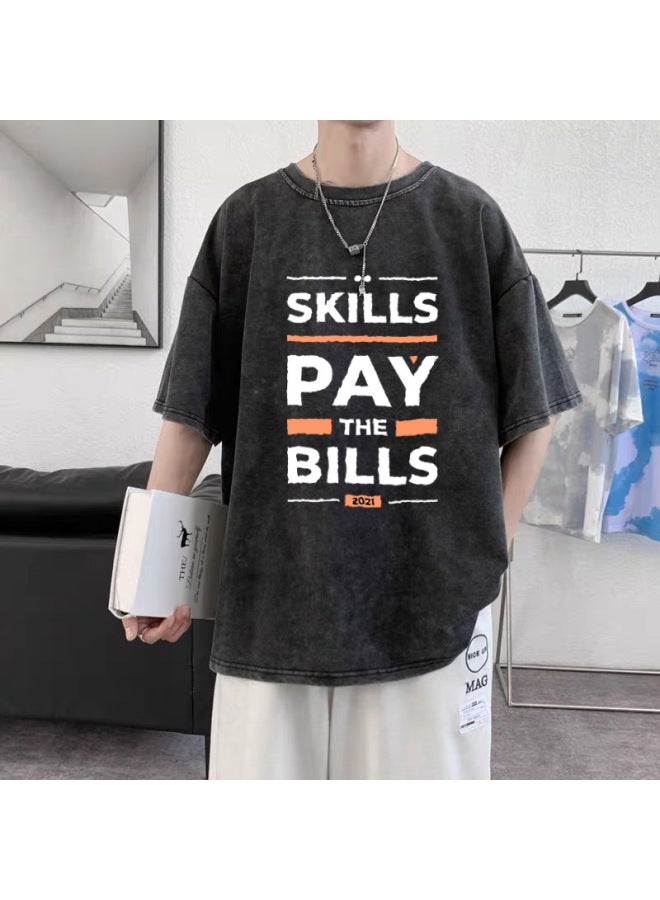 Simple Lines, Oversized, Washed And Distressed Print, Pure Cotton, Oversized Men's Print T-shirt, Trendy Street Style, Minimalist