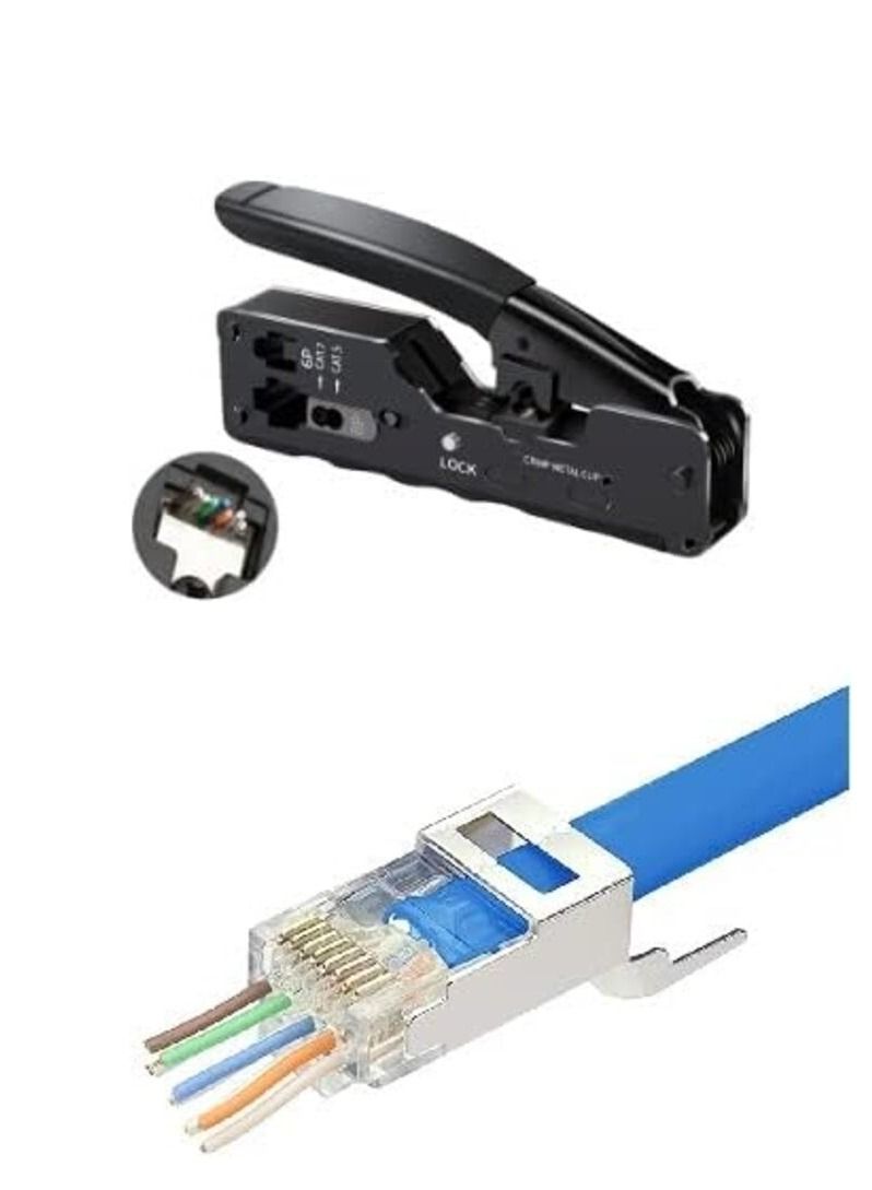 DKURVE RJ45 Pass Through Crimping Tool Bundle with 10-Pack Cat7 Cat6A RJ45 Pass Through Connectors with Strain Relief Boots - Image 1