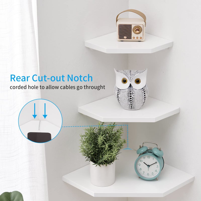 Conamily Corner Floating Shelves, White Corner Wall Shelf Set of 2, Solid Oak Wood Floating Shelves Wall Mount Shelf with Wire Hole Small Plant Display for Kitchen Living Room Bedroom - Image 2