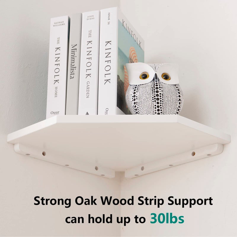 Conamily Corner Floating Shelves, White Corner Wall Shelf Set of 2, Solid Oak Wood Floating Shelves Wall Mount Shelf with Wire Hole Small Plant Display for Kitchen Living Room Bedroom - Image 3