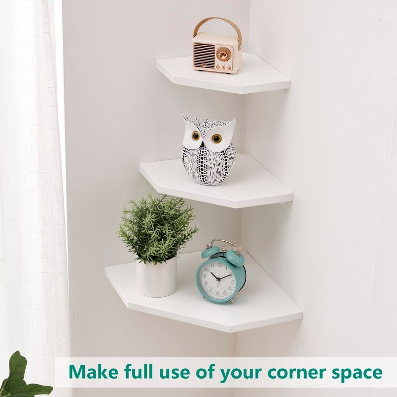 Conamily Corner Floating Shelves, White Corner Wall Shelf Set of 2, Solid Oak Wood Floating Shelves Wall Mount Shelf with Wire Hole Small Plant Display for Kitchen Living Room Bedroom - Image 4