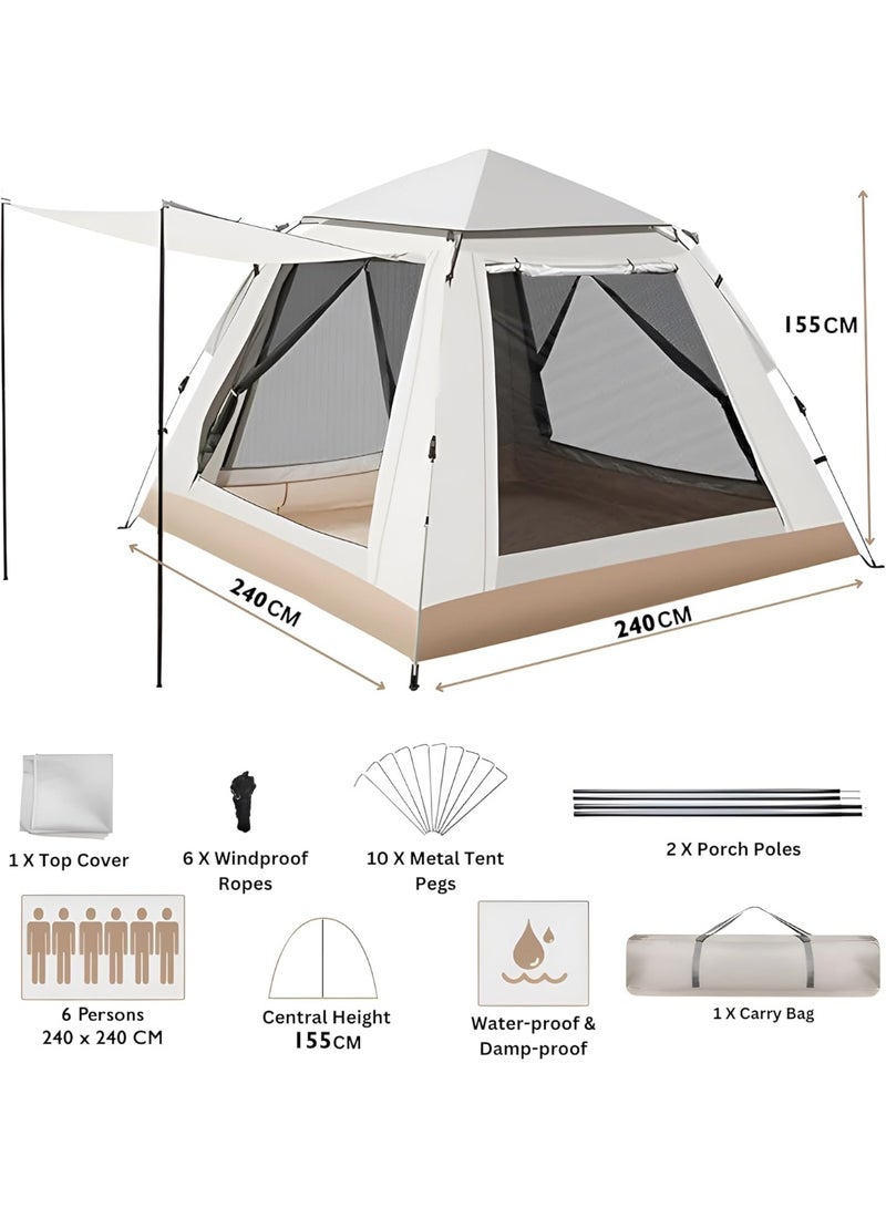 DEXO Automatic Pop-Up Camping Tent for 6-Person, 240x240x155cm – Instant Setup, Waterproof, Windproof, Lightweight Camping Tent with 2 Doors, Mesh Windows & Carry Bag, Beige - Image 5