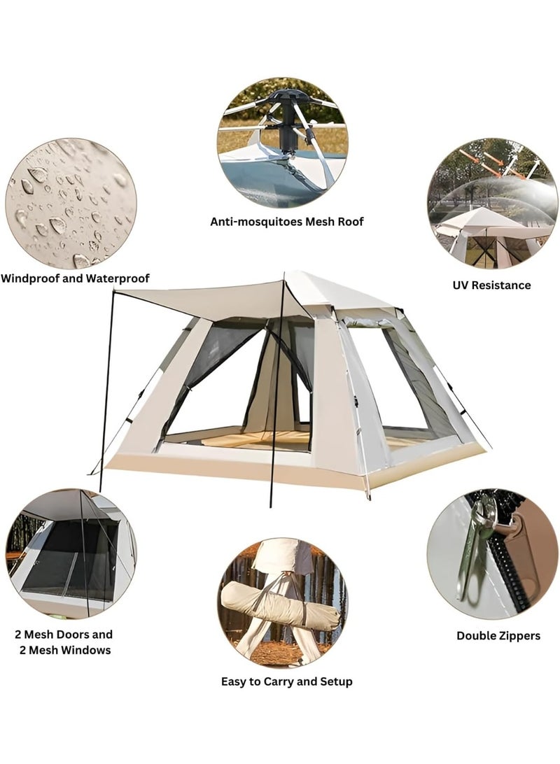 DEXO Automatic Pop-Up Camping Tent for 6-Person, 240x240x155cm – Instant Setup, Waterproof, Windproof, Lightweight Camping Tent with 2 Doors, Mesh Windows & Carry Bag, Beige - Image 1