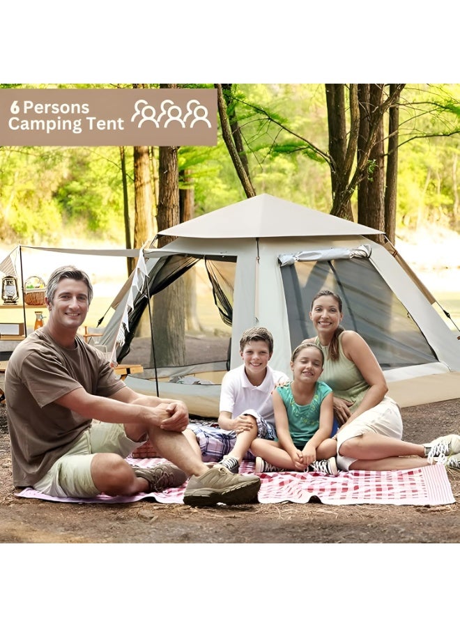 DEXO Automatic Pop-Up Camping Tent for 6-Person, 240x240x155cm – Instant Setup, Waterproof, Windproof, Lightweight Camping Tent with 2 Doors, Mesh Windows & Carry Bag, Beige - Image 4