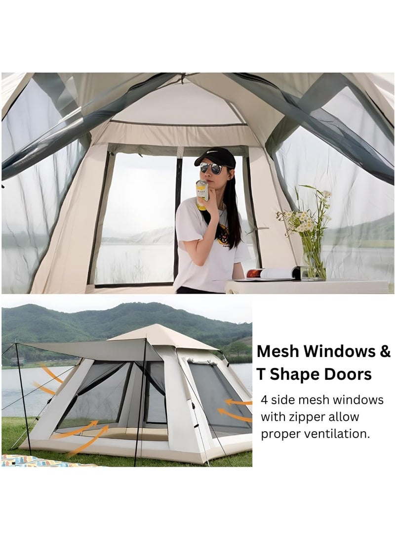 DEXO Automatic Pop-Up Camping Tent for 6-Person, 240x240x155cm – Instant Setup, Waterproof, Windproof, Lightweight Camping Tent with 2 Doors, Mesh Windows & Carry Bag, Beige - Image 2