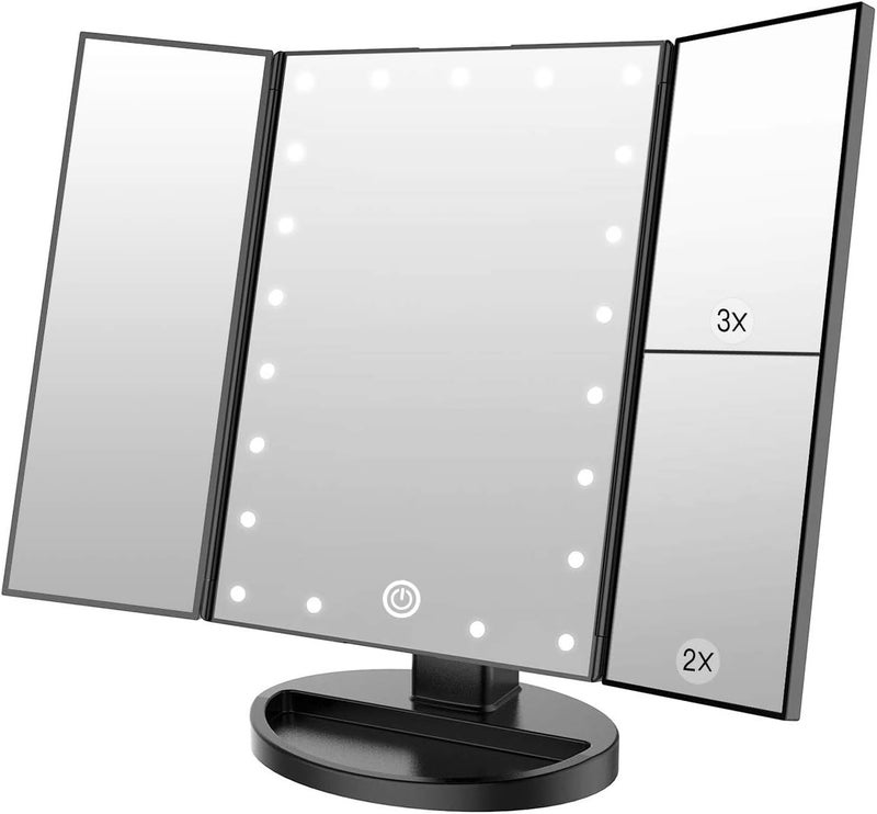 WEILY Makeup Mirror with 21 LED Lights,Two Power Supply Modes, Adjustable Touch Screen and 1x/2x/3x Magnification Tri-Fold Vanity Mirror, Gift for Women（Black） Globally trusted quality - Image 1