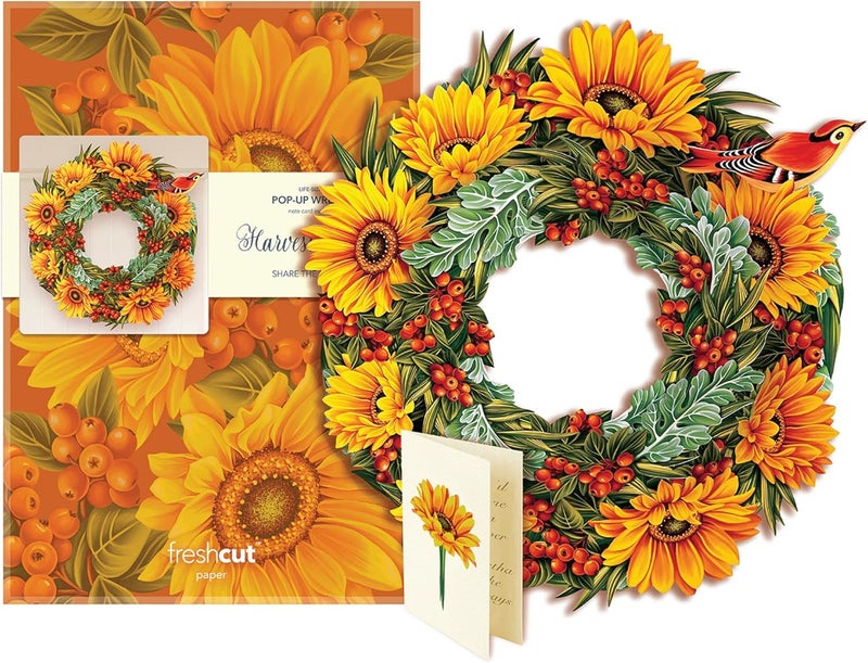 Freshcut Paper بطاقات البوب أب من ورق القطع الطازج، إكليل عباد الشمس الورقي، إكليل زهور أبدي ثلاثي الأبعاد بحجم 15 بوصة، بطاقات تهنئة منبثقة ثلاثية الأبعاد، بطاقة عيد الميلاد، هدايا الشفاء، بطاقة ملاحظة فارغة ومظروف - Image 4