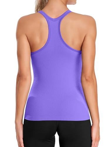 ATTRACO Yoga Tops Woman Exercise Tank Tops Padded Athletic Top Ribbed Workout Tank Purple M - Image 2