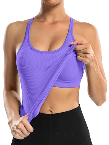 ATTRACO Yoga Tops Woman Exercise Tank Tops Padded Athletic Top Ribbed Workout Tank Purple M - Image 3