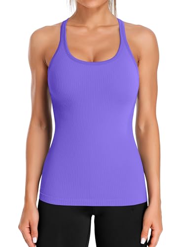 ATTRACO Yoga Tops Woman Exercise Tank Tops Padded Athletic Top Ribbed Workout Tank Purple M - Image 1