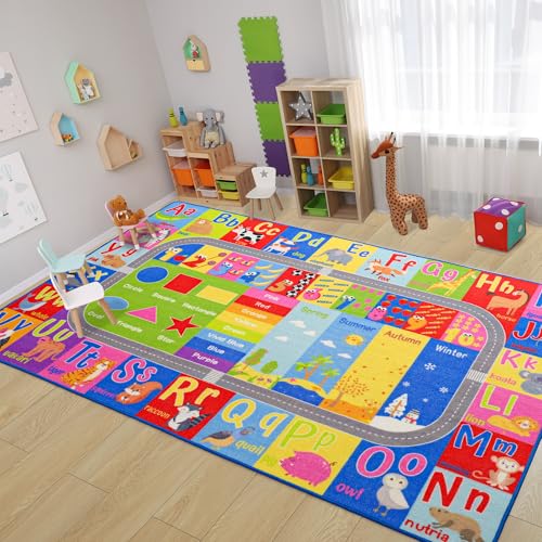 Flagover Kids Rug for Playroom Classroom, ABC Alphabet Numbers Play Toddlers Rugs, 4x6 Learning Educational Bedroom Floor Mat, Washable Baby Carpet for Boys Room, Nursery, Preschool, Daycare - Image 1