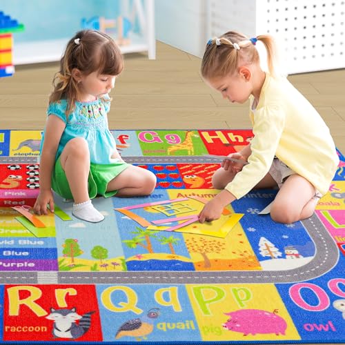 Flagover Kids Rug for Playroom Classroom, ABC Alphabet Numbers Play Toddlers Rugs, 4x6 Learning Educational Bedroom Floor Mat, Washable Baby Carpet for Boys Room, Nursery, Preschool, Daycare - Image 2