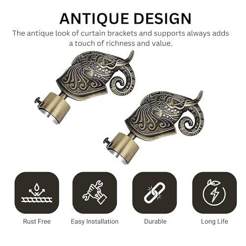 GLOXY ENTERPRISE GLOXY Aluminium Rajwada Elephant Shape Antique Curtain Brackets with Support 1 Inch Rod Pocket Finials Designer Window(2 Pair) - Stylish, Durable Window Decor Solution for Elegant Home Interiors - Image 4