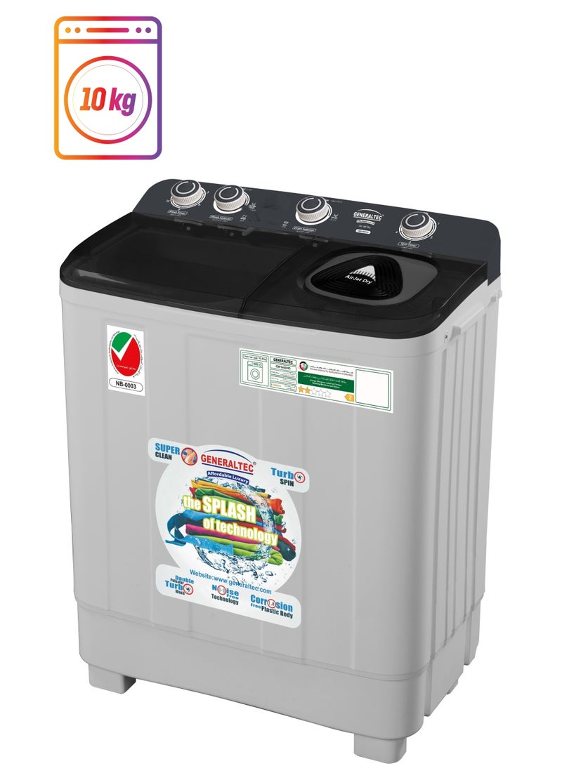 GENERALTEC Generaltec 10 kg Twin-tub Semi-Automatic Washing Machine, Grey/Black, efficient Top-Load Washer with Lint Filter, Spin-Dry, GW1400HD, 1 Year Warranty 
