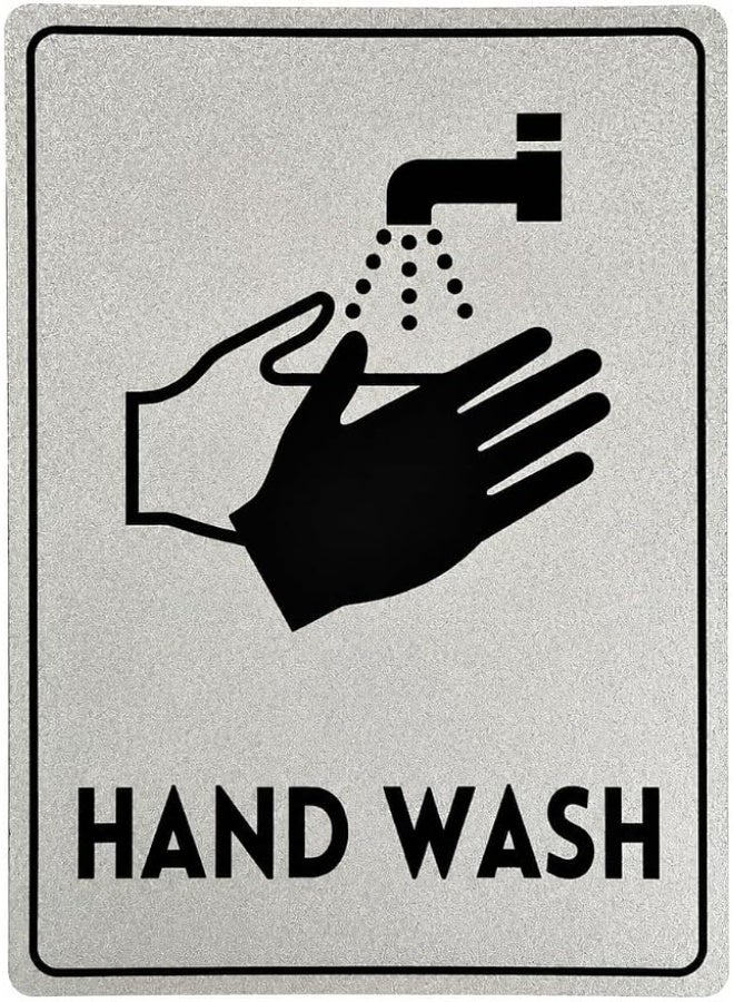 Hand Wash Sign, Silver Aluminium Metal Plate with Black Icon | Hygiene Reminder, Rounded Corners, Bold Faucet Graphic, Bathroom or Kitchen, Wall Mountable - Image 1