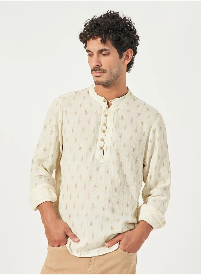 Styli Mandarin Collar Half Placket Dobby Shirt with Loop Buttons