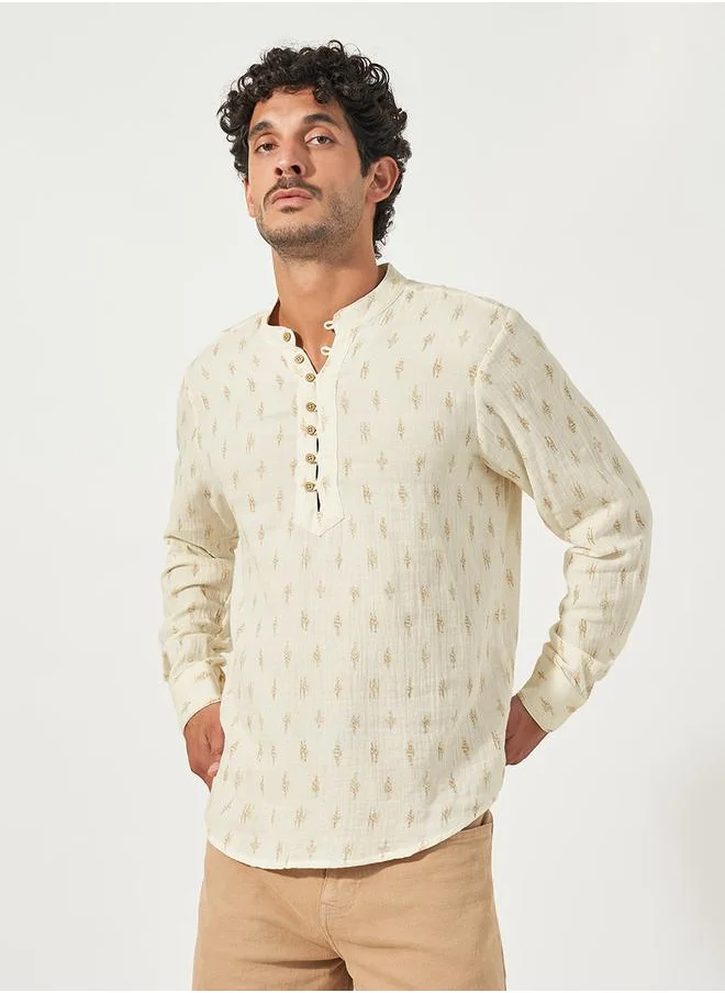 Styli Mandarin Collar Half Placket Dobby Shirt with Loop Buttons