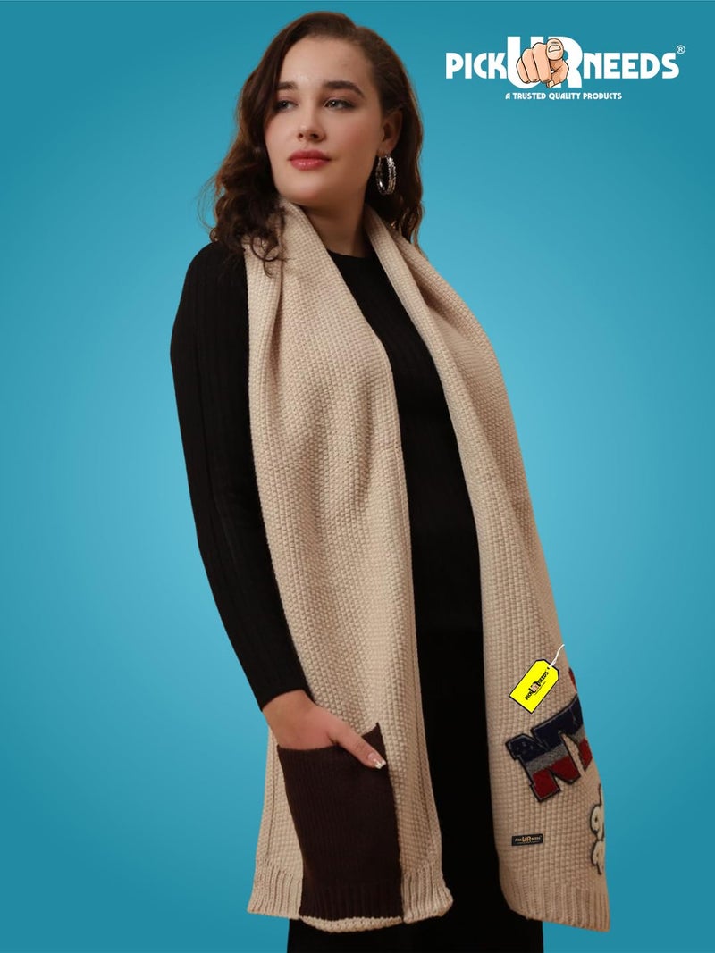 Pick Ur Needs Women Winter Woolen Muffler with Trendy Patch Design Soft Warm Knitted Scarf for Girls & Ladies Stylish Casual Mufflers (Cream) - Image 5