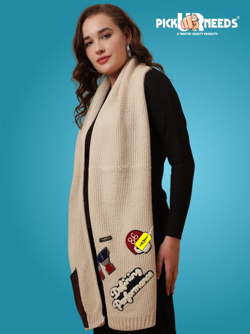 Pick Ur Needs Women Winter Woolen Muffler with Trendy Patch Design Soft Warm Knitted Scarf for Girls & Ladies Stylish Casual Mufflers (Cream) - Image 3