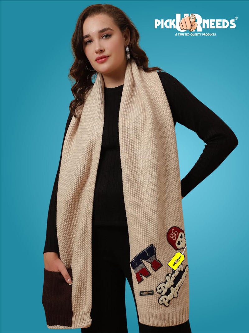 Pick Ur Needs Women Winter Woolen Muffler with Trendy Patch Design Soft Warm Knitted Scarf for Girls & Ladies Stylish Casual Mufflers (Cream) - Image 2