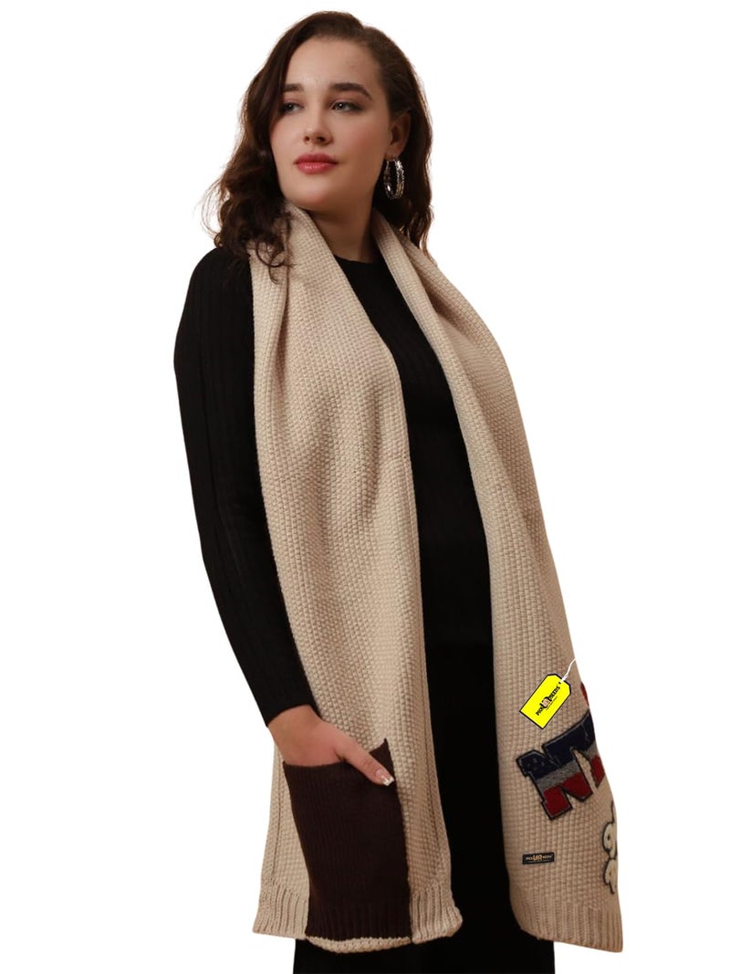 Pick Ur Needs Women Winter Woolen Muffler with Trendy Patch Design Soft Warm Knitted Scarf for Girls & Ladies Stylish Casual Mufflers (Cream) - Image 1
