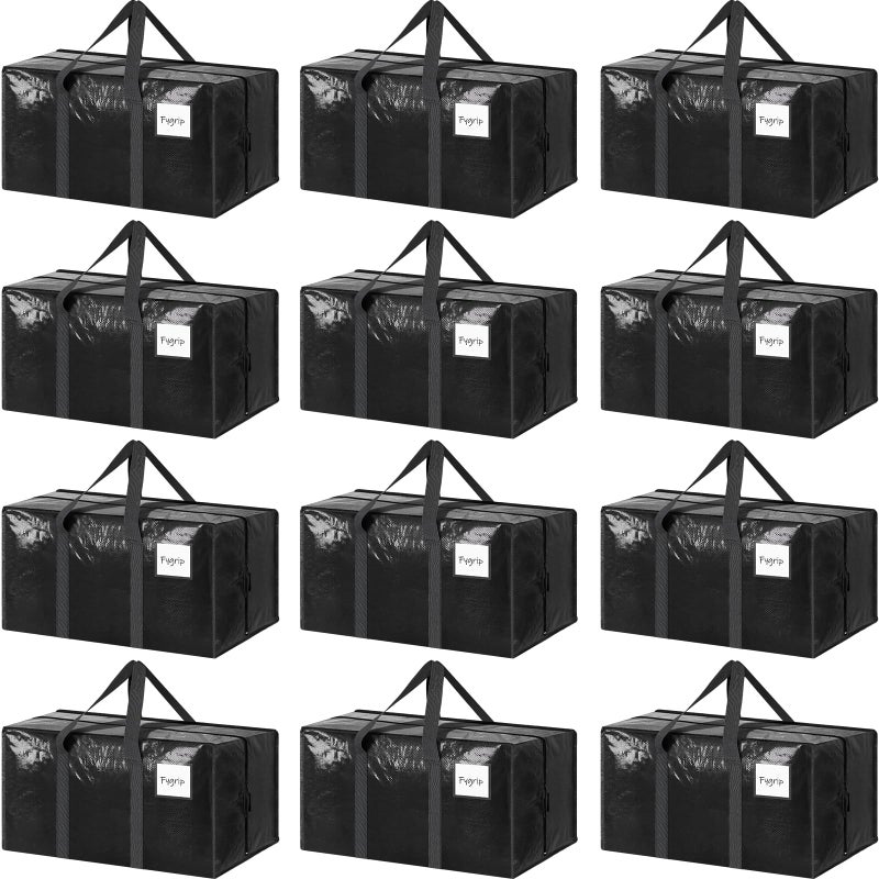 12 Pack Extra Heavy Duty Large Moving Bags with Strong Zipper  Comfortable Handles Sturdy  Durable Clothes Storage Bags Totes Bins Packing Moving Boxes for College Supplies Black