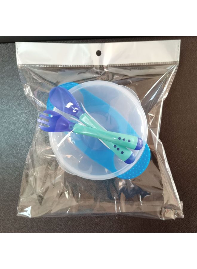 Factory Wholesale Baby Sucker Bowl Suit Non-slip Drop-resistant Baby Bowl With Temperature Spoon Baby Training Bowl Big Suction-Specifications:Sucker Bowl Suit + Fork Spoon Blue - Image 1
